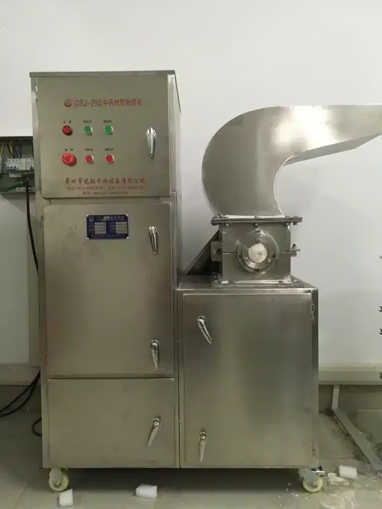 Stainless steel coarse pulverizer machine CSJ-250 with control panel for crushing materials in a pharmaceutical or food processing facility.