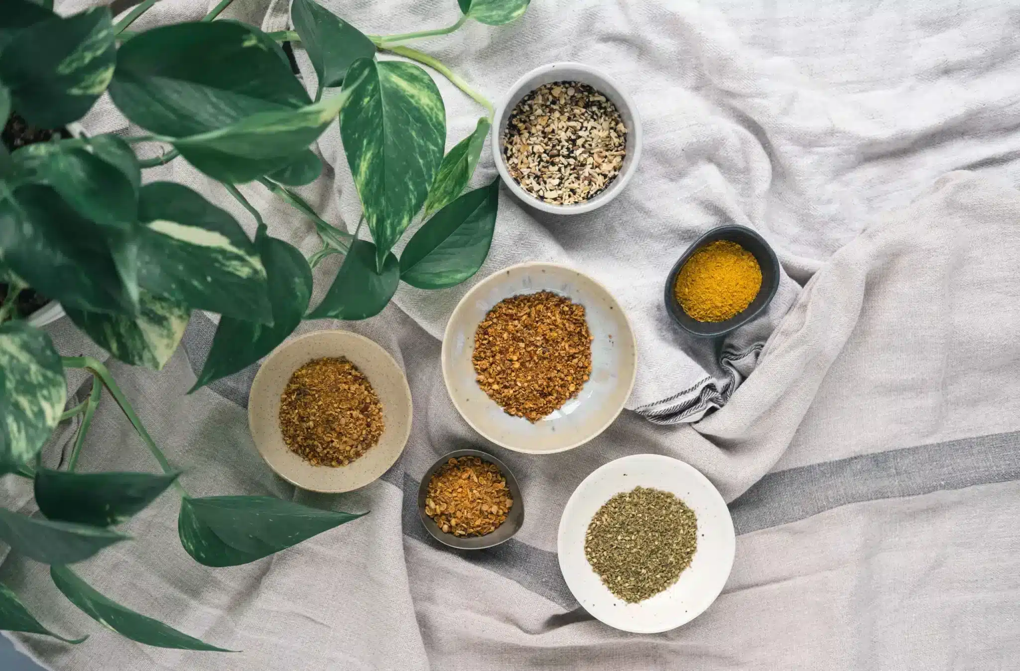 An overhead view of various spices arranged in bowls on a linen cloth, accompanied by the fresh green leaves of a potted plant. The spices include whole seeds, ground yellow powder, and mixed dried herbs, presenting a natural palette of colors and textures.