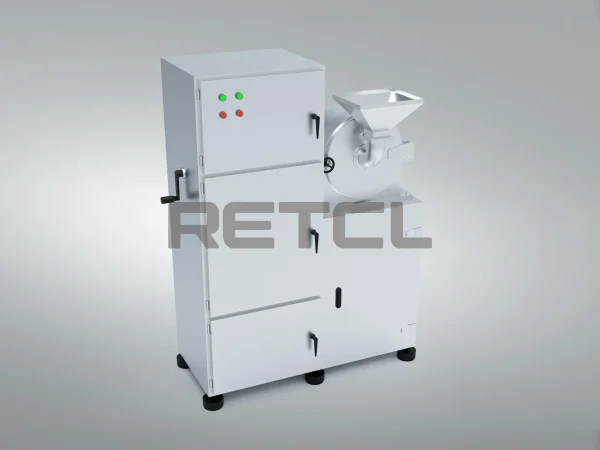 White industrial hammer mill machine with green and red indicator lights, used for grinding and milling materials into smaller particles or powder.