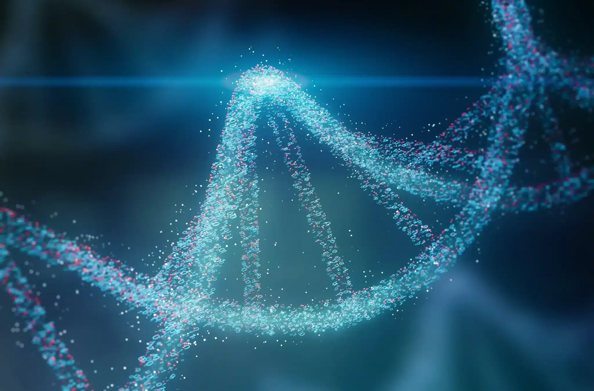 A digital illustration of a DNA double helix, with a sequence of particles representing nucleotides spiraling upwards in a glow of blue and red against a dark, moody background. The visual effect captures the complexity and mystery of genetic science.