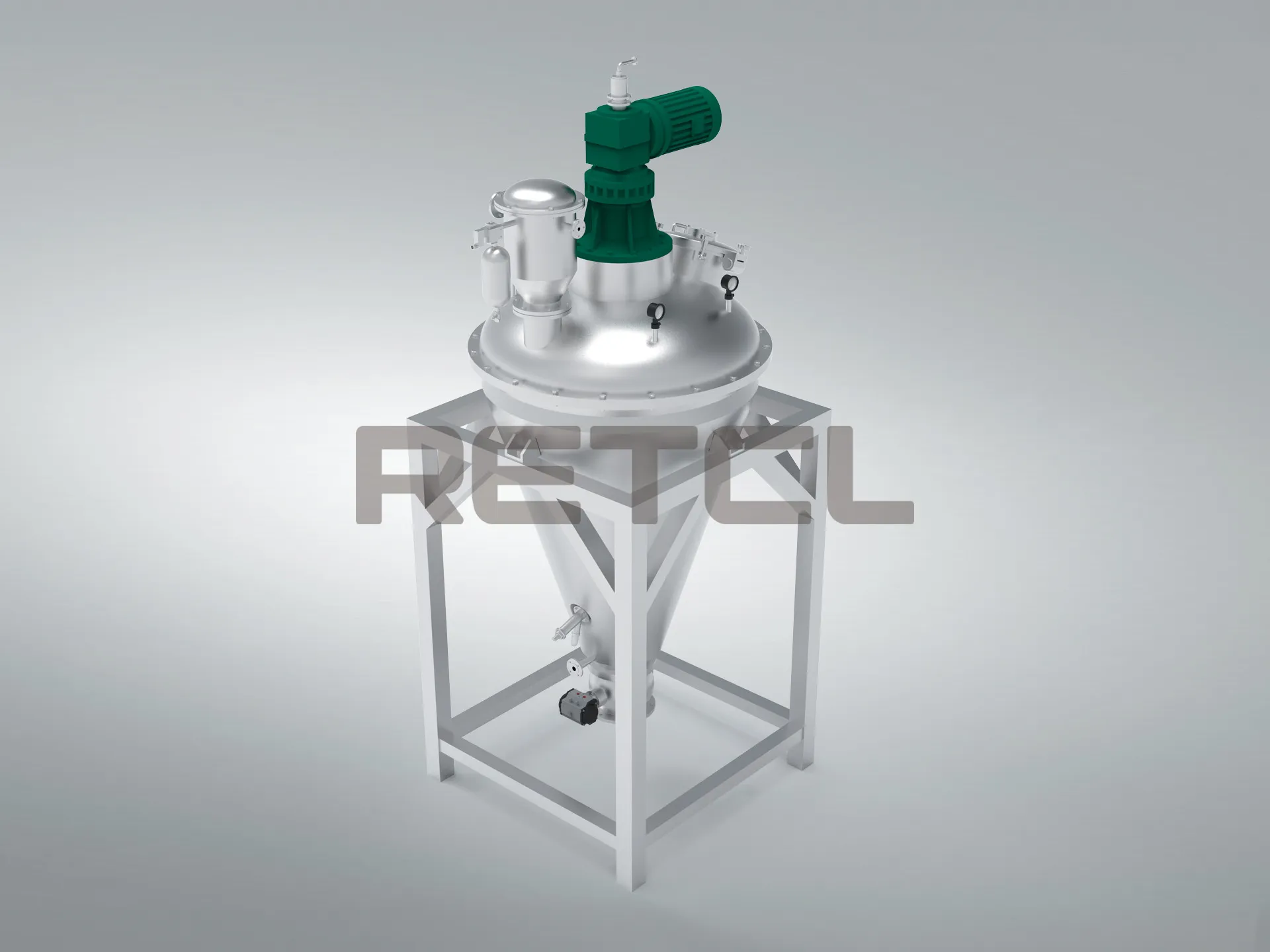 Conical Ribbon Screw Blender mixer for powder blending and mixing, consisting of stainless steel conical vessel on stand with green electric motor drive on top.
