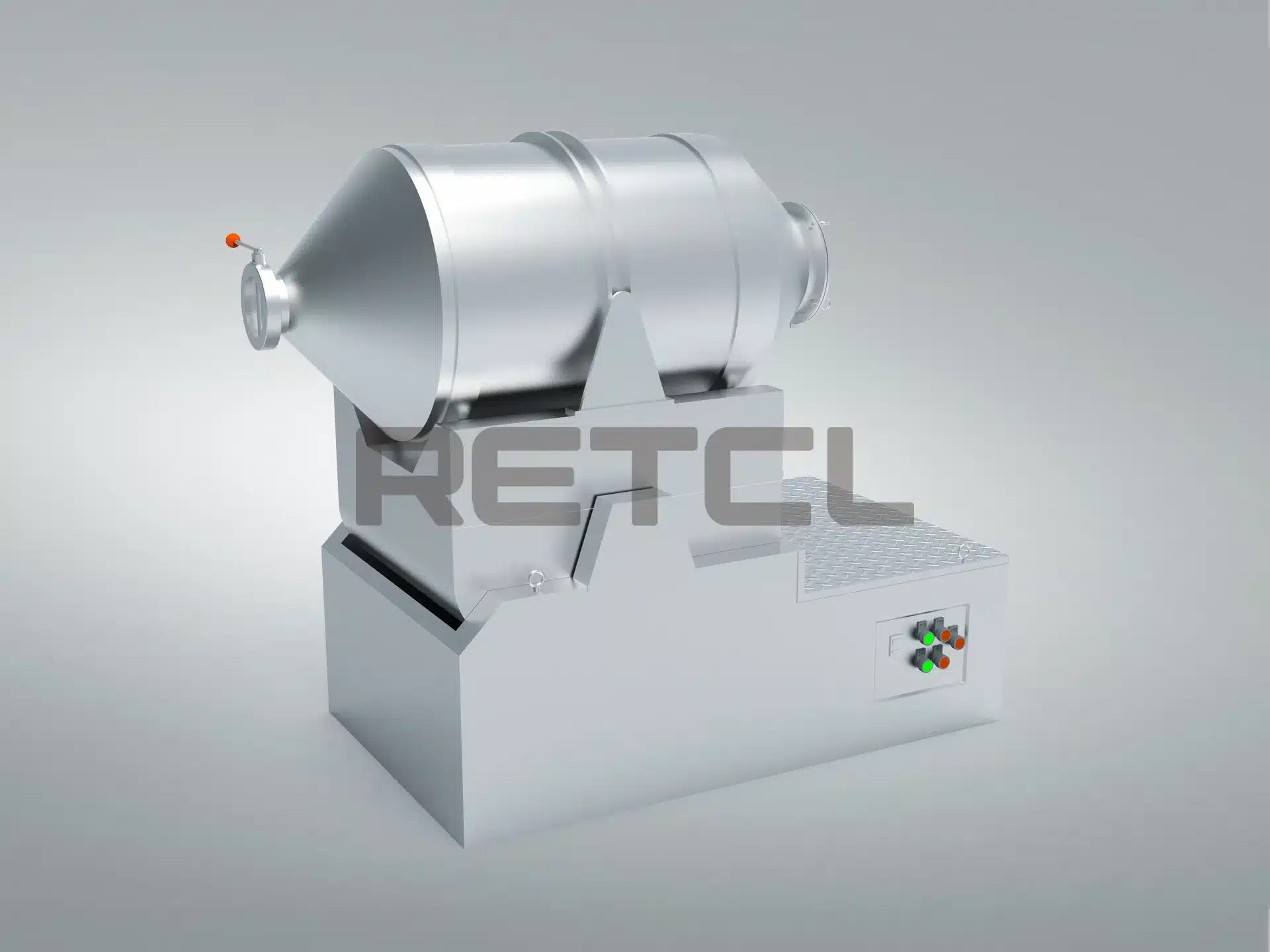 Stainless steel industrial rotary drum mixer machine with mixing blades, on gray background.
