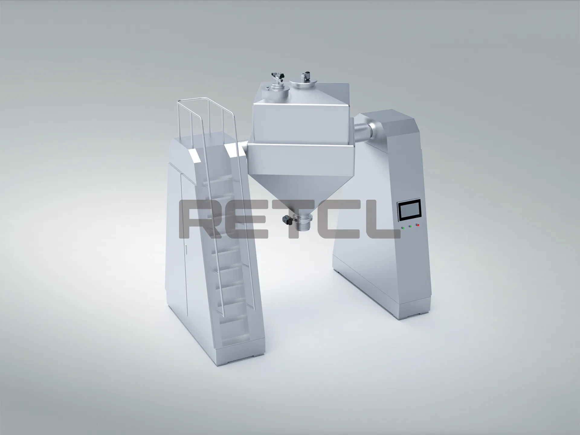 Double cone blender mixing machine rendered in 3D on a gray background, showing the equipment's stainless steel construction with access ladders and a digital control panel.