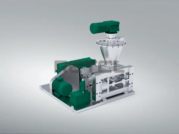 A Dry Compression Granulator featuring a hopper, robust green motors, and a compact, precise rolling mechanism, displayed in a professional, clean setup.