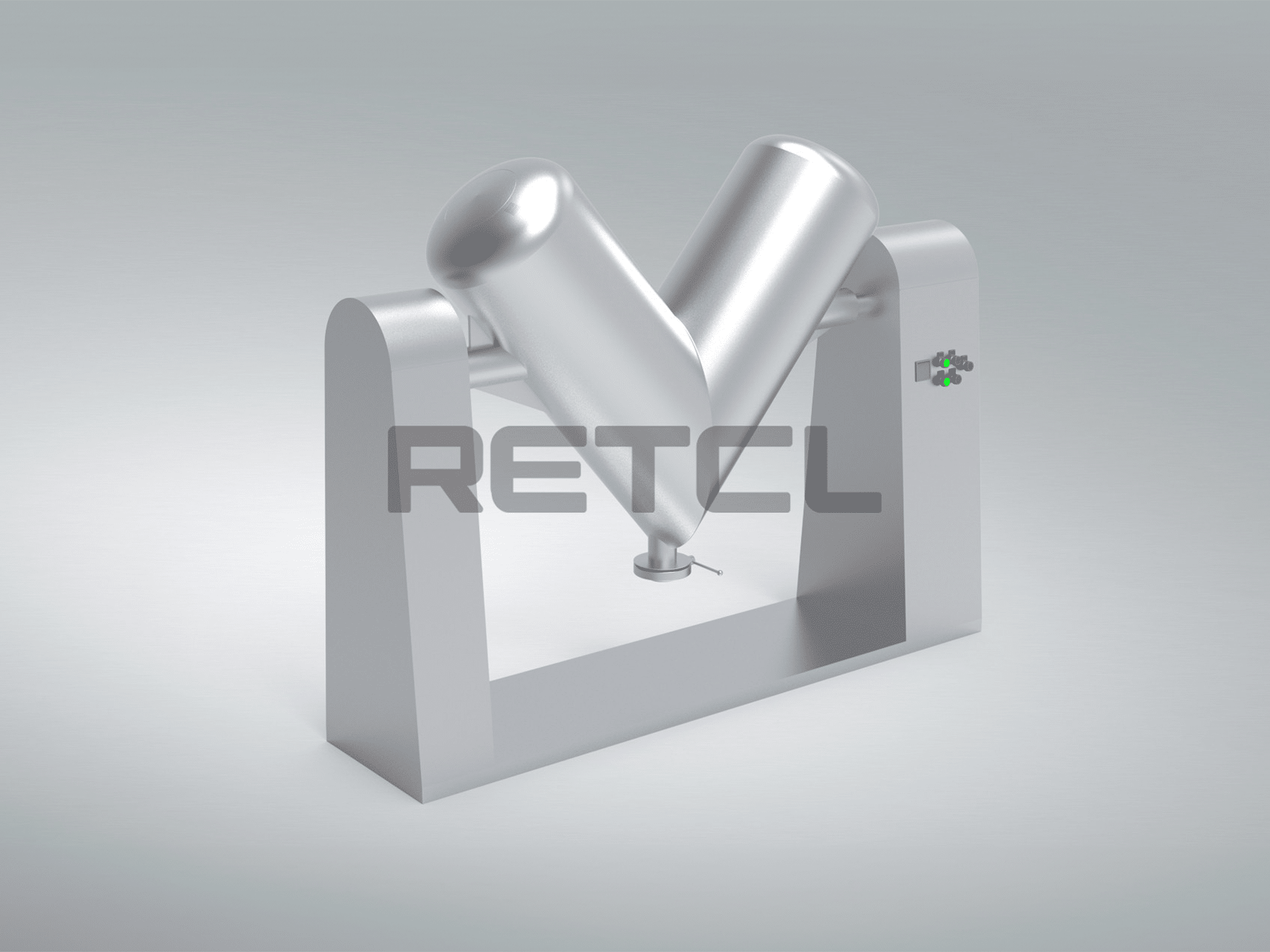 Alt text: A 3D rendering of a silver V-shaped blender or mixer on a gray background, with the word "RETEL" displayed in front of it.