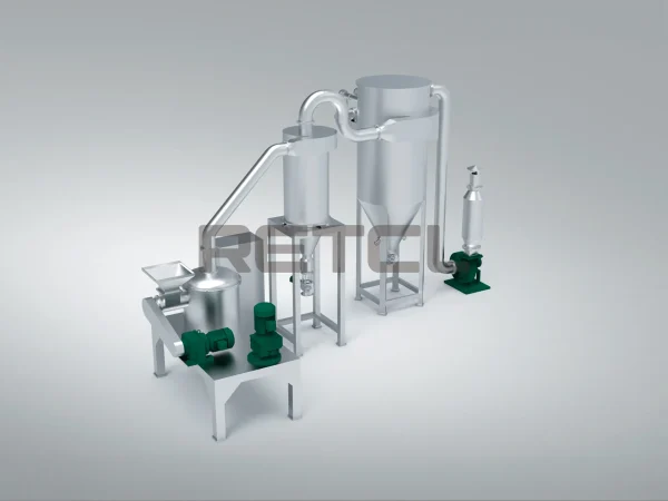 A 3D rendering of an industrial impact pulverizer machine with multiple gray hoppers, green components, and a white frame against a plain gray background.