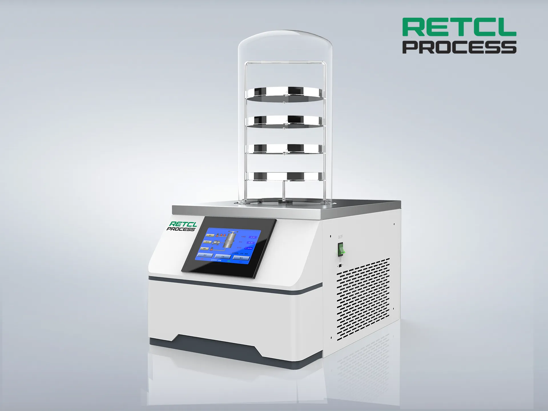 Benchtop Freeze Dryer RETCL Process - compact, programmable unit with touchscreen control panel for efficient lyophilization in the laboratory.