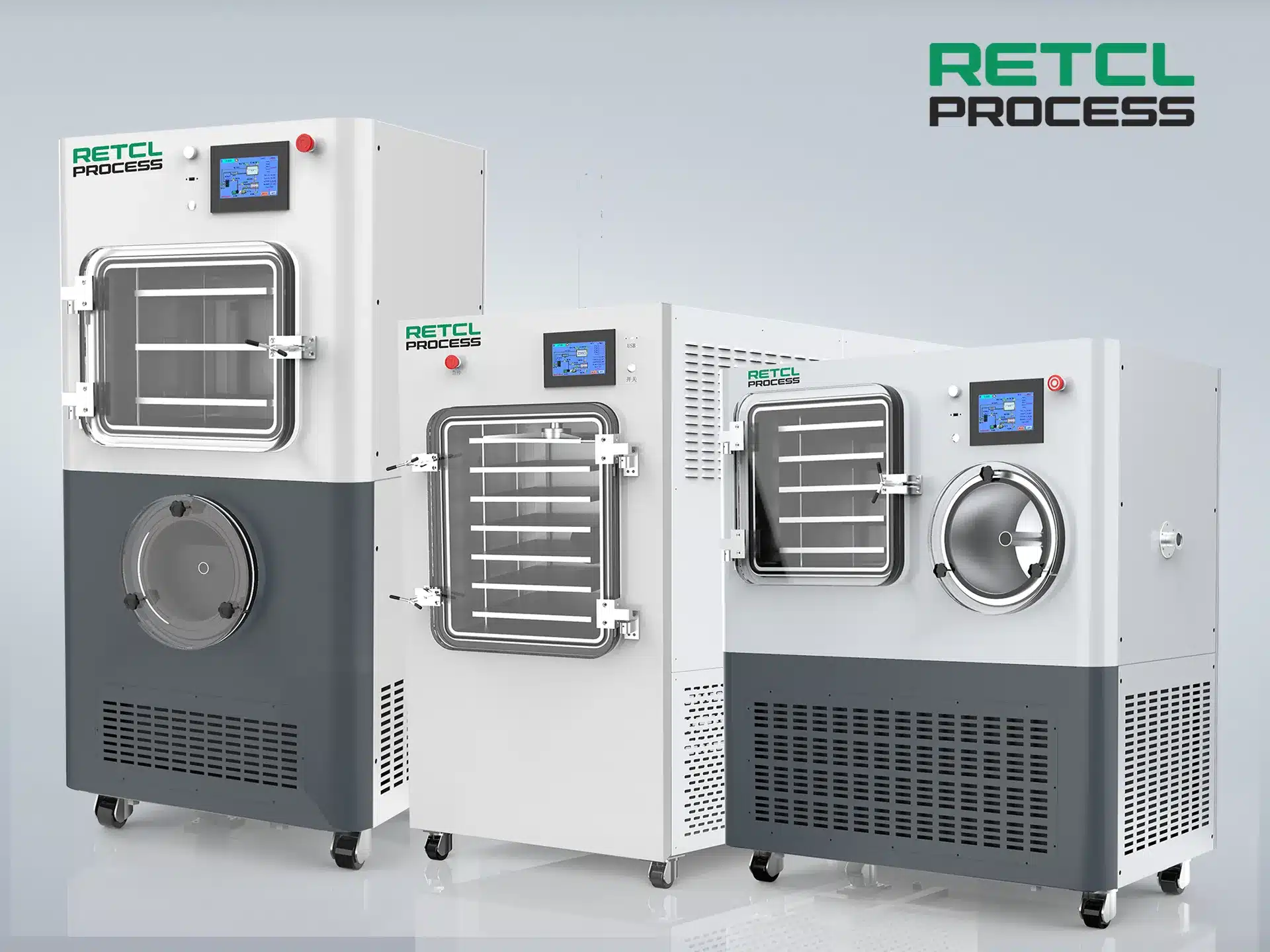 RETCL Process laboratory freeze dryers in various sizes with digital controls, stainless steel construction, and vacuum pump systems for efficient lyophilization and pilot scale freeze drying.