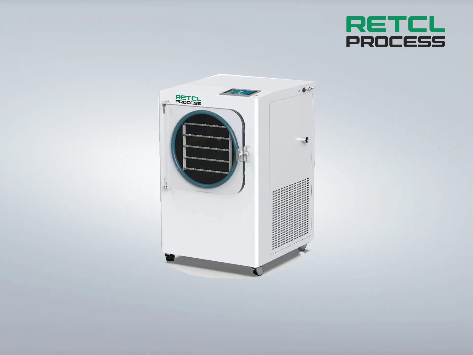 Retcl Process commercial food freeze dryer machine with shelves and digital display on a gray background.