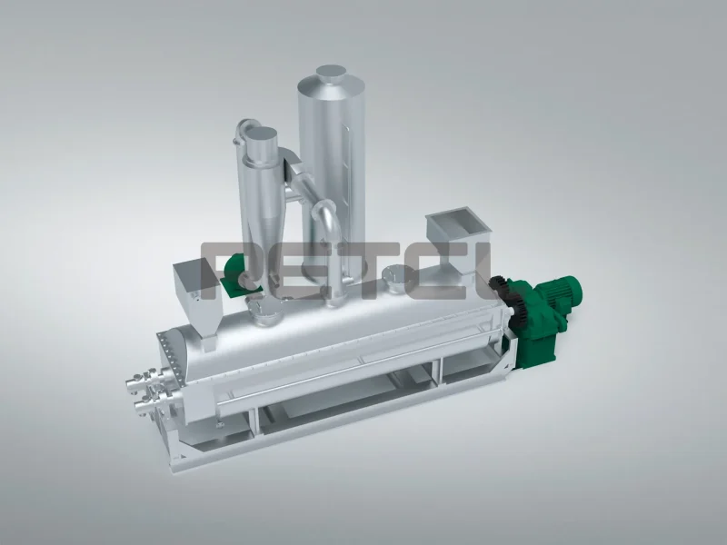 A modern Paddle Dryer with a cylindrical body, equipped with hollow blades and green motors, set against a clean, neutral background.