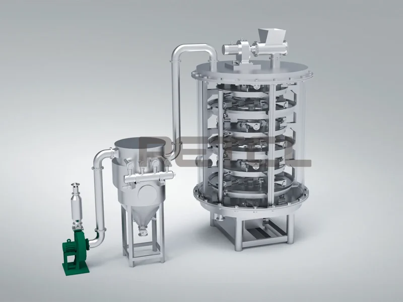 A 3D rendered image of a Plate Dryer system with multiple drying plates housed within a clear cylindrical body, complete with feed hoppers and a green motor.