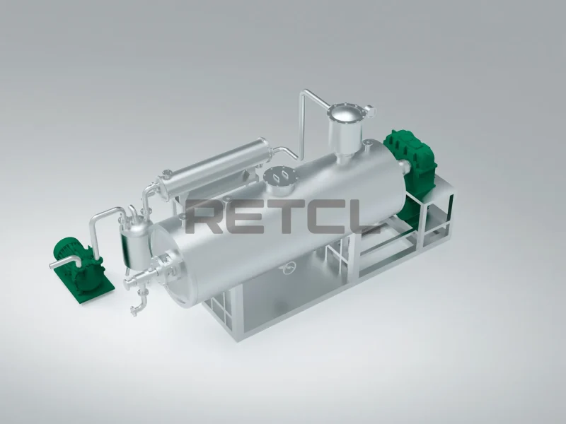 A 3D rendering of a sleek, industrial Rake Dryer, featuring a cylindrical horizontal body with external fittings and green motors, all mounted on a grey structural frame.
